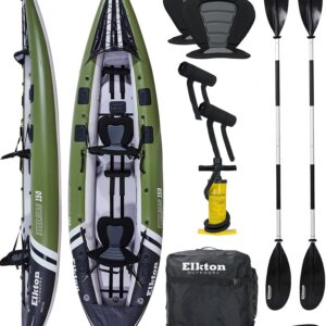 Elkton Outdoors Steelhead 130 12’6″ Inflatable Fishing Kayak – Rigid Dropstitch Floor, Tandem Kayak with Seats, Paddles & Accessories