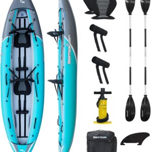 Driftsun Rover Inflatable White Water Kayak – 1 & 2 Person, High-Pressure Floor, EVA Padded Seats, Action Cam Mount, Aluminum Paddles & Pump