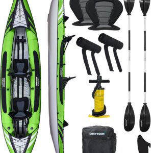 Driftsun Almanor Inflatable Touring Kayak – 1 & 2 Person EVA Padded Seats, High Back Support, Paddle & Pump